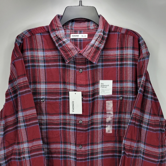 Sonoma Supersoft Flannel Long Sleeve Button Front Shirt Mens 3XL Tall Red Blue - Picture 3 of 8